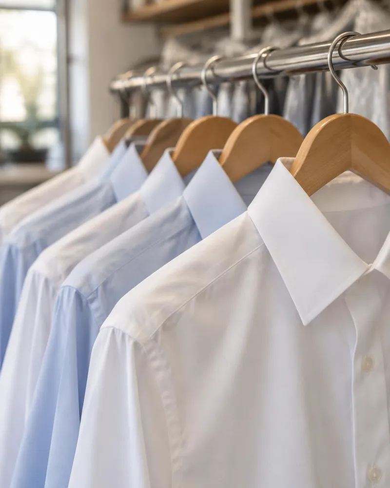 Pressed white and light blue dress shirts on wooden hangers