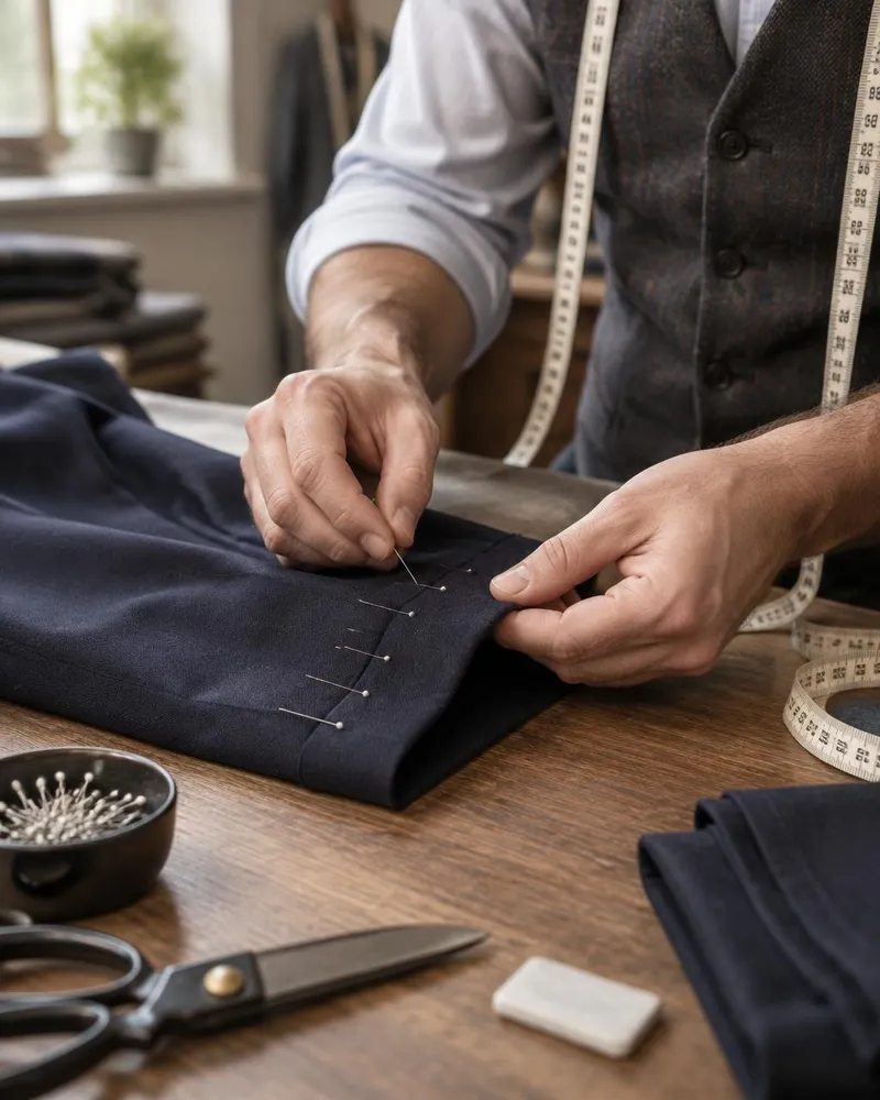 Hands pinning the hem of navy trousers on a wooden work table